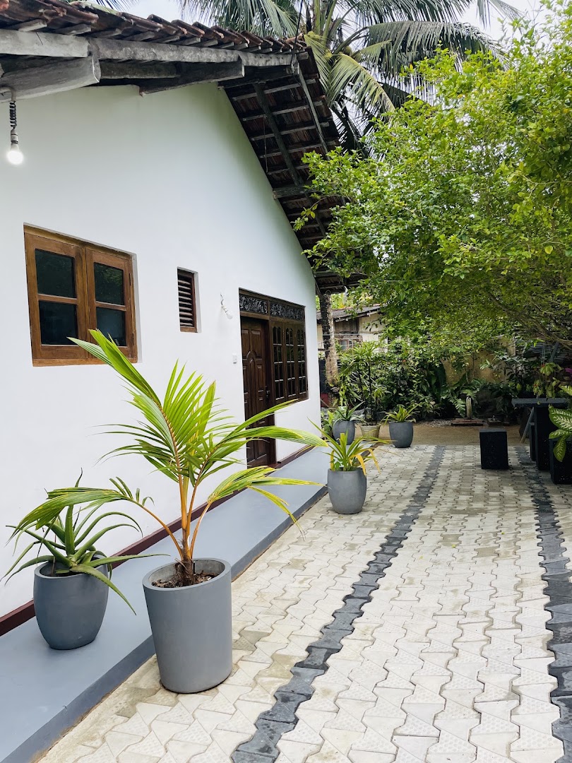 White villa exterior beside potted palms and a leafy courtyard path